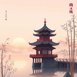 A simple yet beautiful background inspired by Chinese culture featuring iconic elements such as a traditional pagoda overlooking tranquil water, delicate bamboo stalks swaying gently in the breeze, and a soft, pastel sunset sky