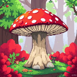 A pixel art illustration of an imaginative mushroom side table