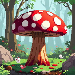 A pixel art illustration of an imaginative mushroom side table