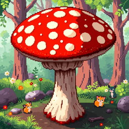 A pixel art illustration of an imaginative mushroom side table