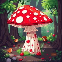 A pixel art illustration of an imaginative mushroom side table