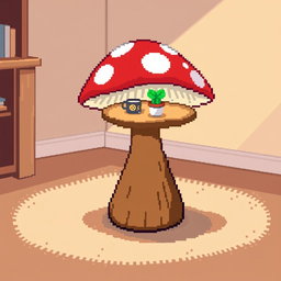 A whimsical and colorful pixel art depiction of a mushroom-shaped side table