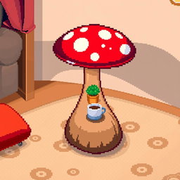 A whimsical and colorful pixel art depiction of a mushroom-shaped side table