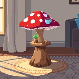 A whimsical and colorful pixel art depiction of a mushroom-shaped side table