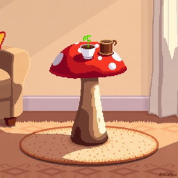 A whimsical and colorful pixel art depiction of a mushroom-shaped side table