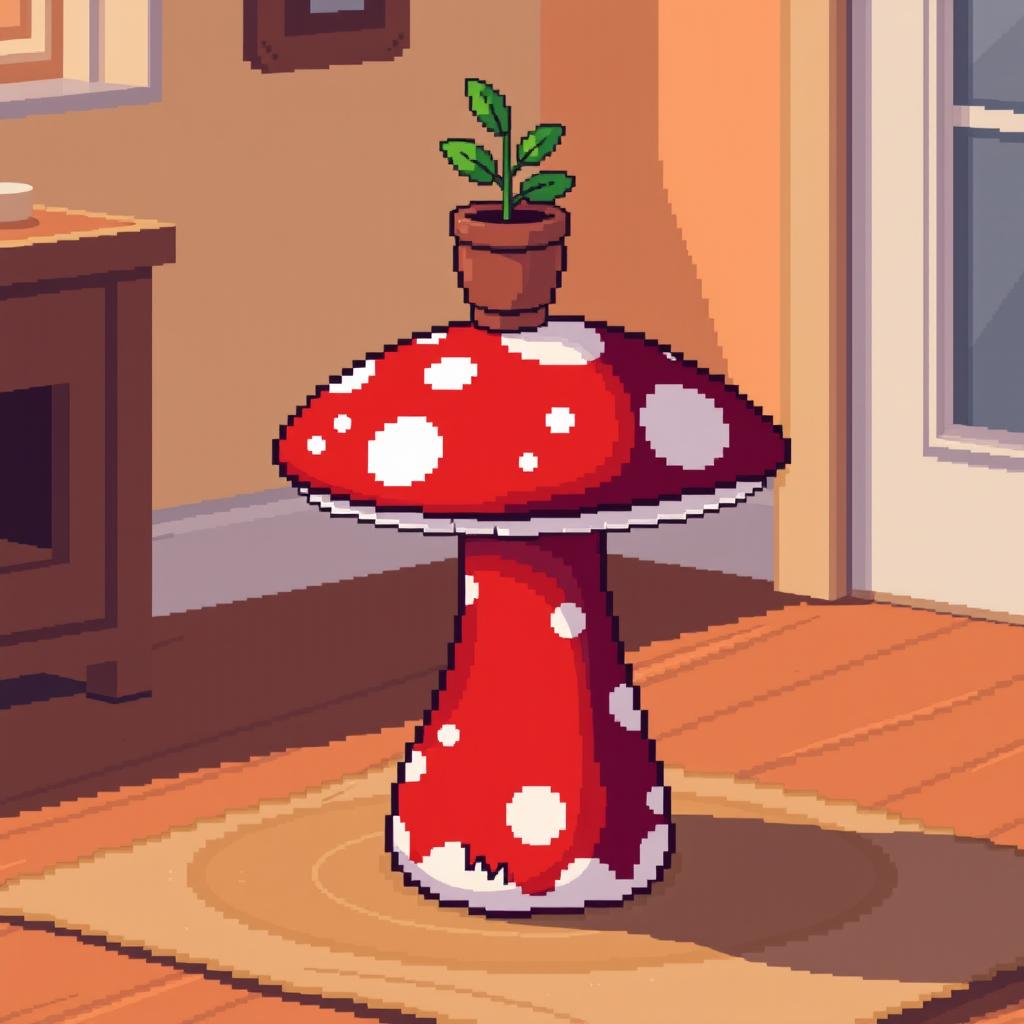 A whimsical pixel art depiction of a mushroom side table, featuring a large red mushroom with white spots as the base, a smooth, round tabletop resembling the mushroom cap