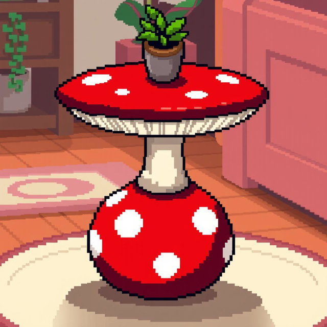 A whimsical pixel art depiction of a mushroom side table, featuring a large red mushroom with white spots as the base, a smooth, round tabletop resembling the mushroom cap