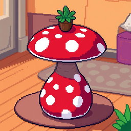 A whimsical pixel art depiction of a mushroom side table, featuring a large red mushroom with white spots as the base, a smooth, round tabletop resembling the mushroom cap