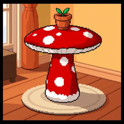 A whimsical pixel art depiction of a mushroom side table, featuring a large red mushroom with white spots as the base, a smooth, round tabletop resembling the mushroom cap