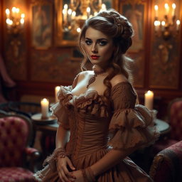 A Victorian-era scene featuring a crossdressing individual elegantly dressed in a beautifully detailed Victorian dress, adorned with lace and ruffles, set in a lavish interior room with opulent decor