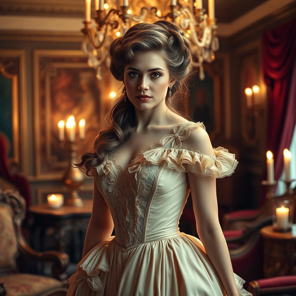 A Victorian-era scene featuring a crossdressing individual elegantly dressed in a beautifully detailed Victorian dress, adorned with lace and ruffles, set in a lavish interior room with opulent decor