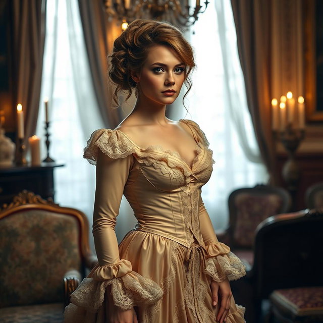 A Victorian-era scene featuring a crossdressing individual elegantly dressed in a beautifully detailed Victorian dress, adorned with lace and ruffles, set in a lavish interior room with opulent decor