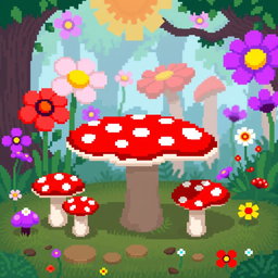 A whimsical pixel art scene depicting a mushroom-shaped table with matching mushroom-shaped chairs