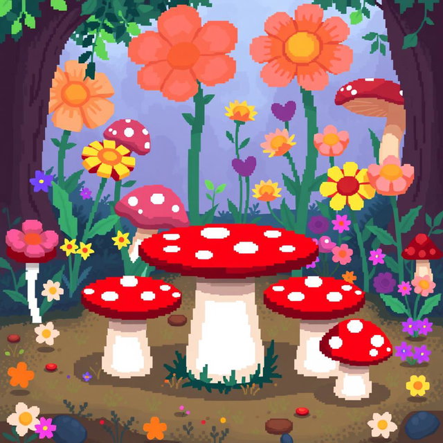 A whimsical pixel art scene depicting a mushroom-shaped table with matching mushroom-shaped chairs