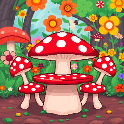 A whimsical pixel art scene depicting a mushroom-shaped table with matching mushroom-shaped chairs
