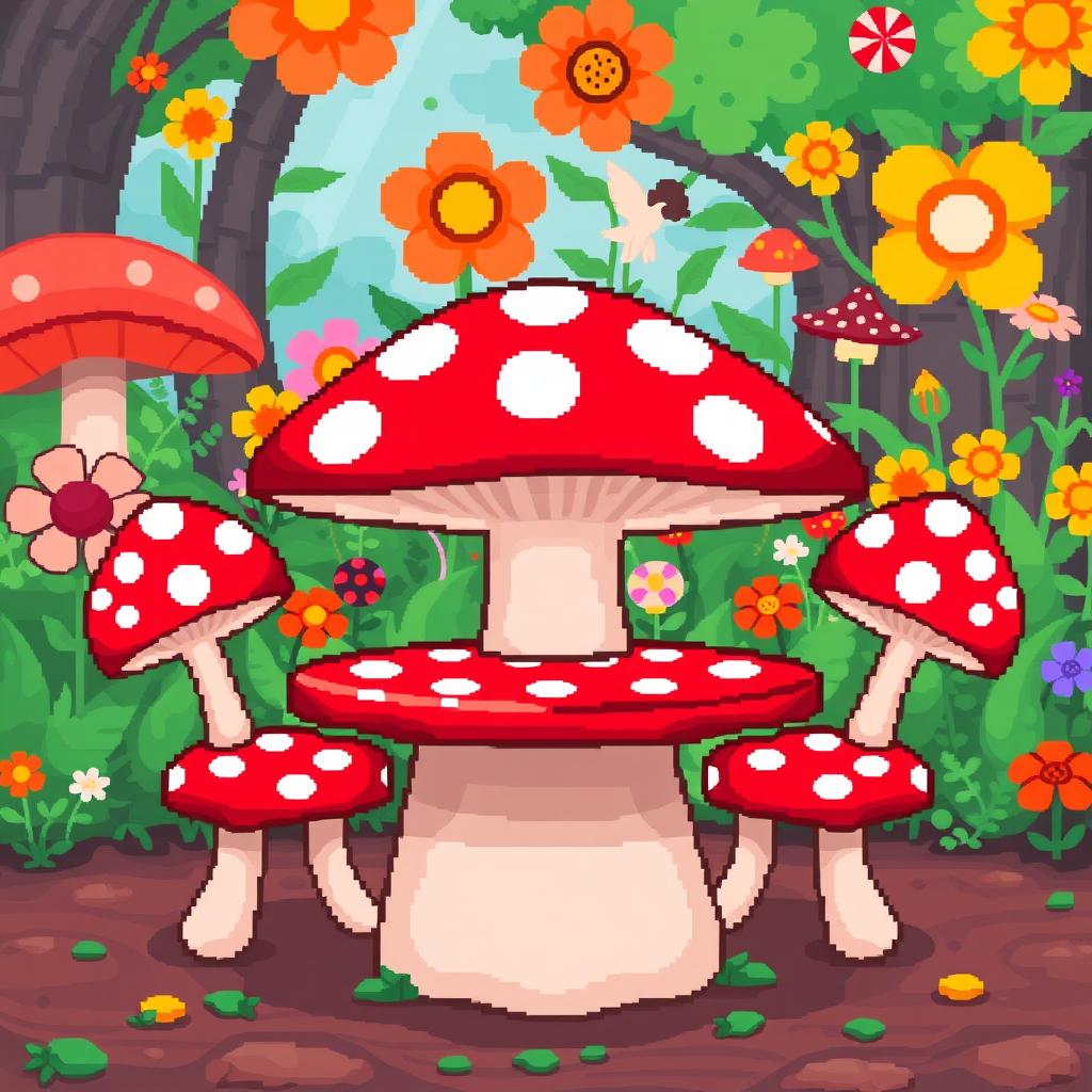 A whimsical pixel art scene depicting a mushroom-shaped table with matching mushroom-shaped chairs
