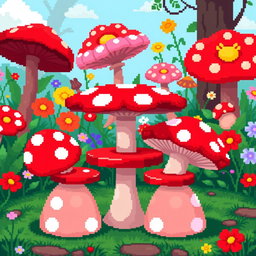 A whimsical pixel art scene depicting a mushroom-shaped table with matching mushroom-shaped chairs