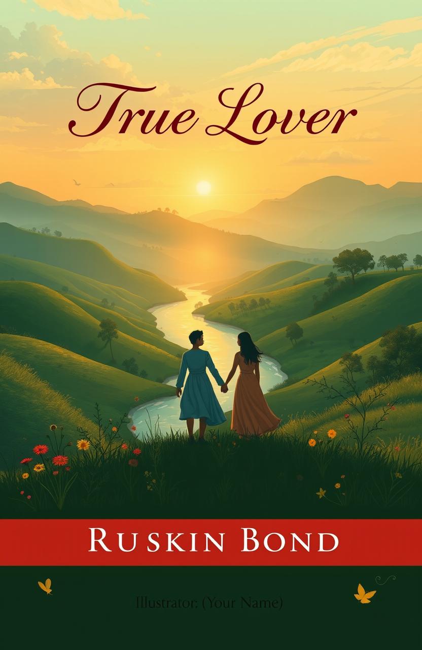 A captivating book cover for 'True Lover' by Ruskin Bond, featuring a lush, romantic landscape of the Indian countryside with rolling hills and a serene river