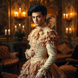 A Victorian-era scene featuring a male crossdresser elegantly dressed in an elaborate Victorian woman's gown, rich in details with layers of lace, ribbons, and ruffles