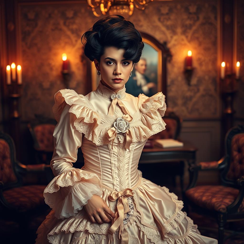 A Victorian-era scene featuring a male crossdresser elegantly dressed in an elaborate Victorian woman's gown, rich in details with layers of lace, ribbons, and ruffles