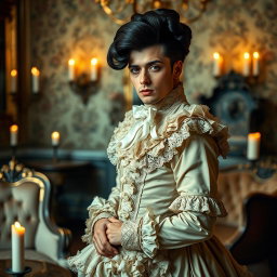 A Victorian-era scene featuring a male crossdresser elegantly dressed in an elaborate Victorian woman's gown, rich in details with layers of lace, ribbons, and ruffles