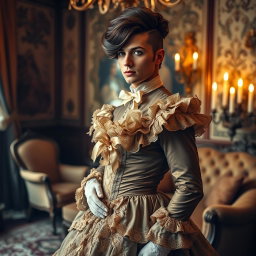 A Victorian-era scene featuring a male crossdresser elegantly dressed in an elaborate Victorian woman's gown, rich in details with layers of lace, ribbons, and ruffles