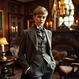 A Victorian-era scene featuring a female crossdresser elegantly dressed in a stunning Victorian male outfit, complete with a tailored coat, waistcoat, and trousers