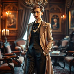 A Victorian-era scene featuring a female crossdresser elegantly dressed in a stunning Victorian male outfit, complete with a tailored coat, waistcoat, and trousers