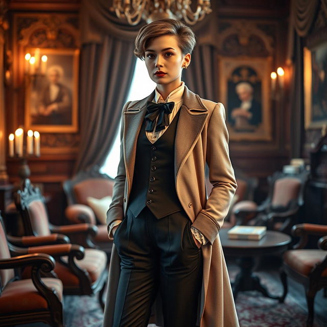 A Victorian-era scene featuring a female crossdresser elegantly dressed in a stunning Victorian male outfit, complete with a tailored coat, waistcoat, and trousers