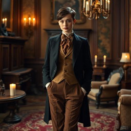 A Victorian-era scene featuring a female crossdresser elegantly dressed in a stunning Victorian male outfit, complete with a tailored coat, waistcoat, and trousers