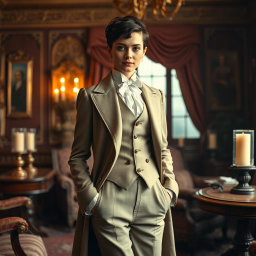 A Victorian-era scene featuring a female crossdresser elegantly dressed in a stunning Victorian male outfit, complete with a tailored coat, waistcoat, and trousers