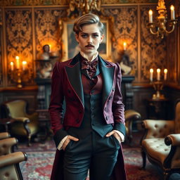 A Victorian-era scene featuring a female crossdresser elegantly dressed in a richly detailed Victorian male outfit, complete with a fitted tailcoat, waistcoat, and trousers