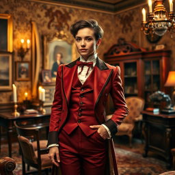 A Victorian-era scene featuring a female crossdresser elegantly dressed in a richly detailed Victorian male outfit, complete with a fitted tailcoat, waistcoat, and trousers