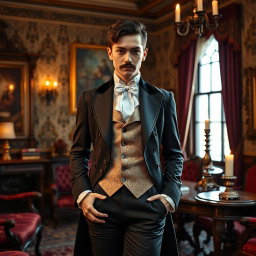 A Victorian-era scene featuring a female crossdresser elegantly dressed in a richly detailed Victorian male outfit, complete with a fitted tailcoat, waistcoat, and trousers
