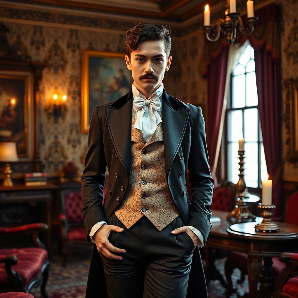 A Victorian-era scene featuring a female crossdresser elegantly dressed in a richly detailed Victorian male outfit, complete with a fitted tailcoat, waistcoat, and trousers