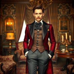 A Victorian-era scene featuring a female crossdresser elegantly dressed in a richly detailed Victorian male outfit, complete with a fitted tailcoat, waistcoat, and trousers