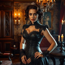 A Victorian-era themed scene that elegantly incorporates elements of BDSM fashion within a lavishly decorated room