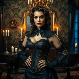 A Victorian-era themed scene that elegantly incorporates elements of BDSM fashion within a lavishly decorated room