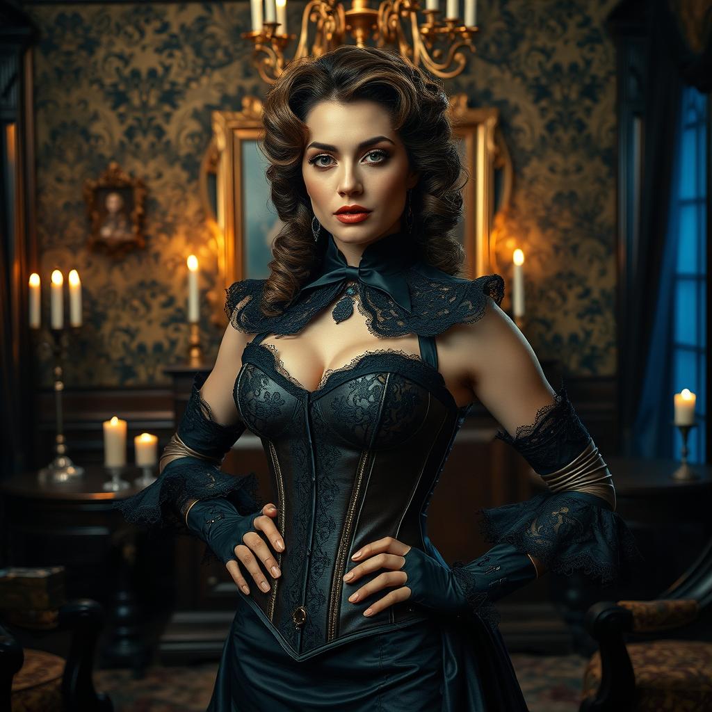 A Victorian-era themed scene that elegantly incorporates elements of BDSM fashion within a lavishly decorated room