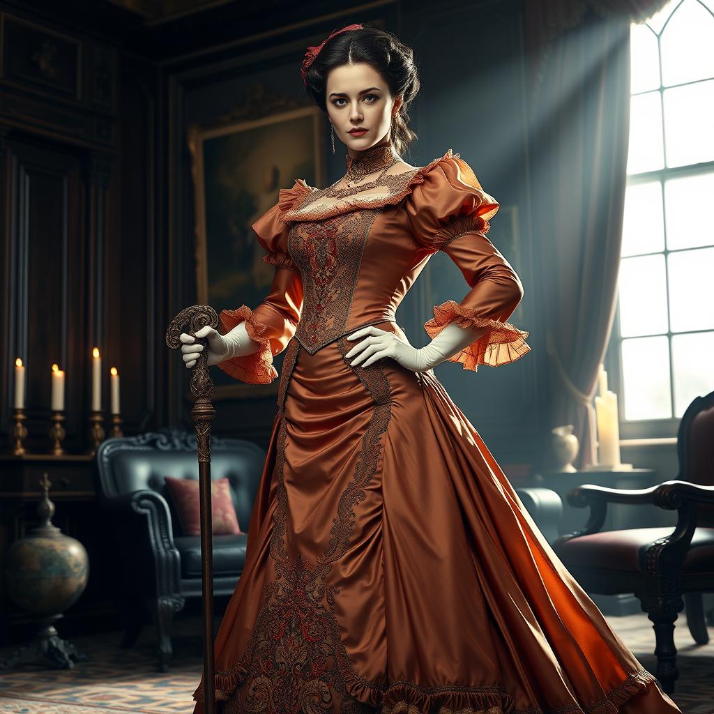 A powerful Victorian-era scene showcasing a strong female figure in a commanding posture, dressed in a stunning, regal Victorian gown with elaborate detailing, high collar, and cinched waist