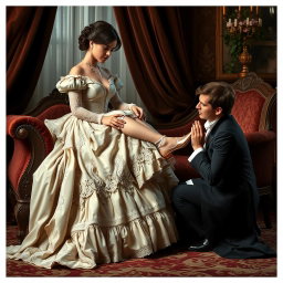 A Victorian-era scene capturing an intimate moment of foot worship, featuring a beautifully dressed woman in an elaborate Victorian gown with intricate lace and beading