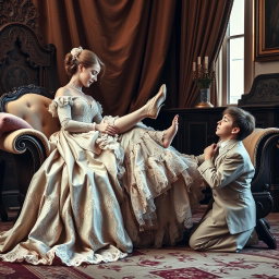 A Victorian-era scene capturing an intimate moment of foot worship, featuring a beautifully dressed woman in an elaborate Victorian gown with intricate lace and beading