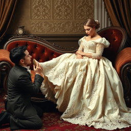 A Victorian-era scene capturing an intimate moment of foot worship, featuring a beautifully dressed woman in an elaborate Victorian gown with intricate lace and beading
