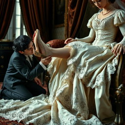 A Victorian-era scene capturing an intimate moment of foot worship, featuring a beautifully dressed woman in an elaborate Victorian gown with intricate lace and beading