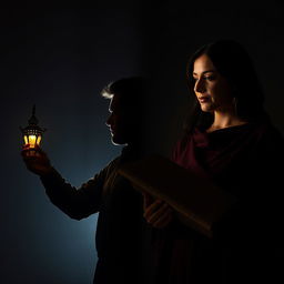 A dramatic split-image composition featuring a father and son silhouette on the left side