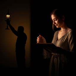 A dramatic split-image composition featuring a father and son silhouette on the left side