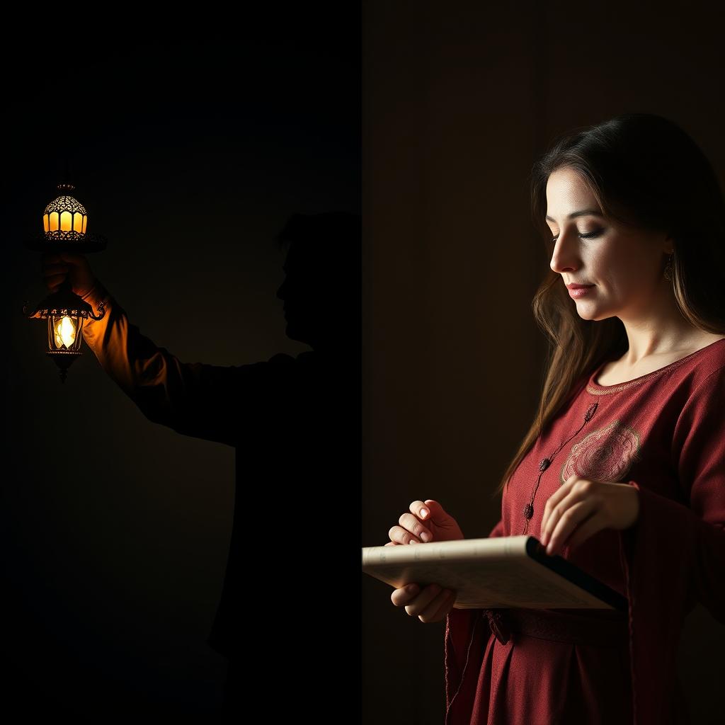 A dramatic split-image composition featuring a father and son silhouette on the left side