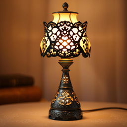 A beautifully detailed lamp, elegantly designed with intricate patterns and soft curves, emitting a warm and inviting glow