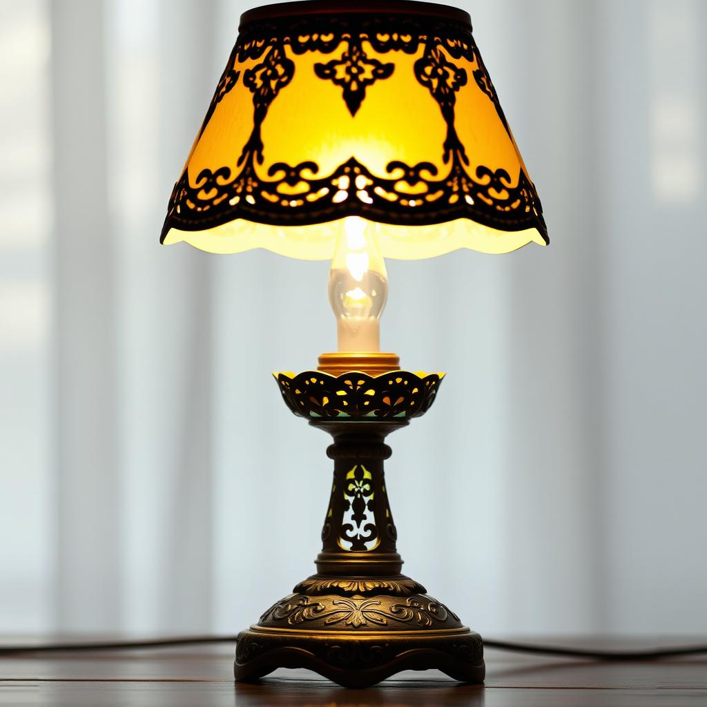 A beautifully detailed lamp, elegantly designed with intricate patterns and soft curves, emitting a warm and inviting glow