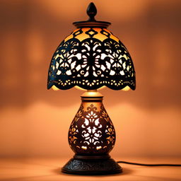 A beautifully detailed lamp, elegantly designed with intricate patterns and soft curves, emitting a warm and inviting glow